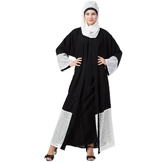 Double layered abaya with embroidered fabric- Black-White